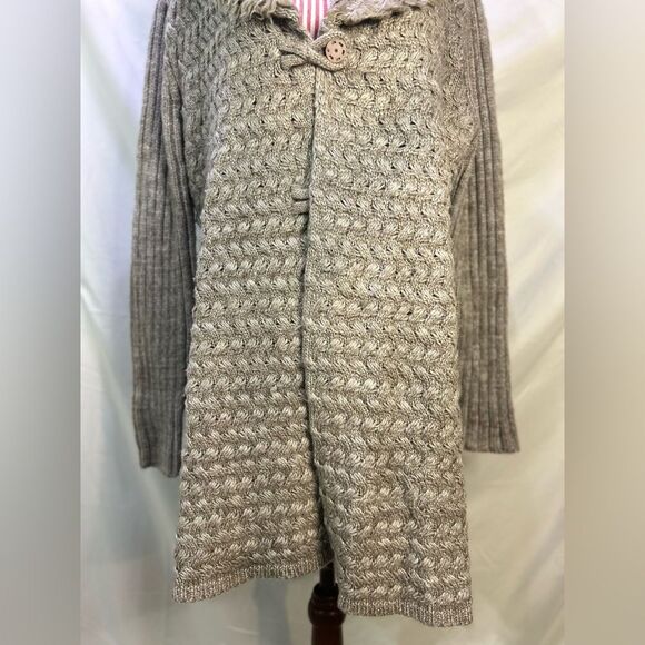 Tan Boho Cardigan Sweater Knit Braided Fur Cottagecore Fairycore Whimsy Sioni - Picture 3 of 8
